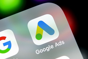 Sankt-Petersburg, Russia, August 31, 2018: Google Ads AdWords application icon on Apple iPhone X screen close-up. Google Ad Words icon. Google ads Adwords application. Social media network